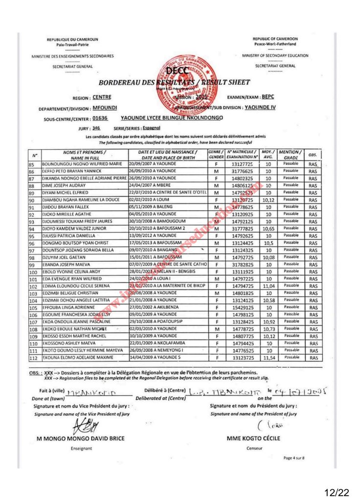 Résultat BEPC 2025 région du centre lycée bilingue de Nkolndongo 22 Résultat BEPC 2025 région du centre lycée bilingue de Nkolndongo