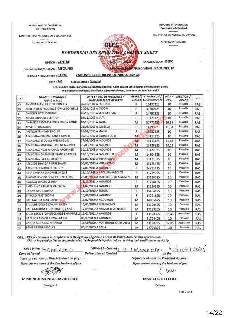 Résultat BEPC 2025 région du centre lycée bilingue de Nkolndongo 20 Résultat BEPC 2025 région du centre lycée bilingue de Nkolndongo