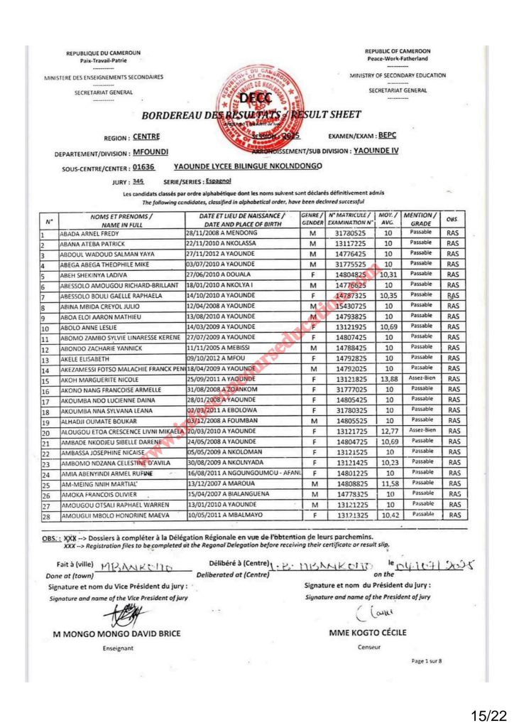 Résultat BEPC 2025 région du centre lycée bilingue de Nkolndongo 19 Résultat BEPC 2025 région du centre lycée bilingue de Nkolndongo