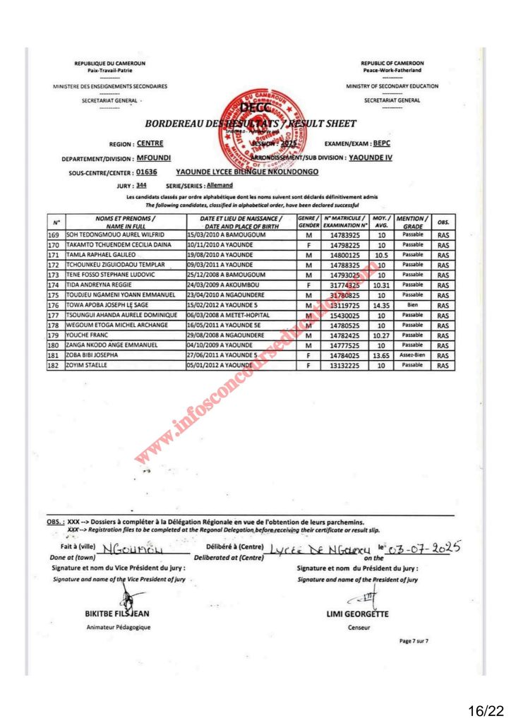 Résultat BEPC 2025 région du centre lycée bilingue de Nkolndongo 18 Résultat BEPC 2025 région du centre lycée bilingue de Nkolndongo
