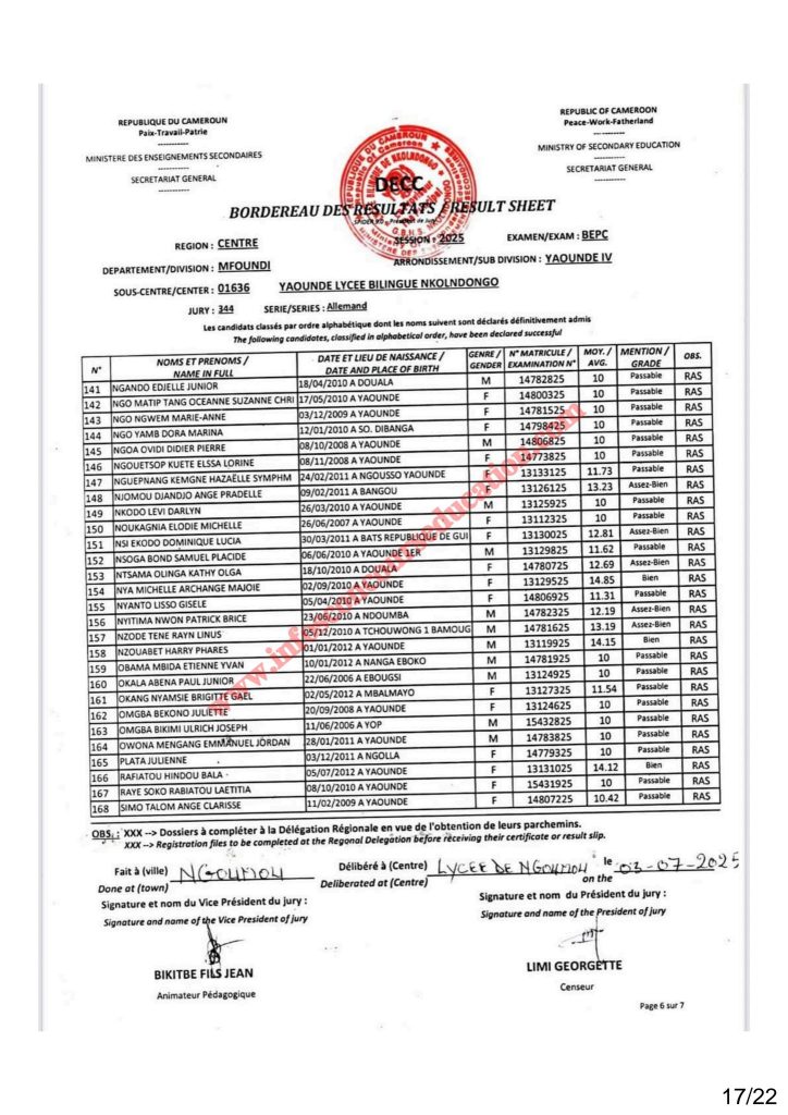 Résultat BEPC 2025 région du centre lycée bilingue de Nkolndongo 17 Résultat BEPC 2025 région du centre lycée bilingue de Nkolndongo