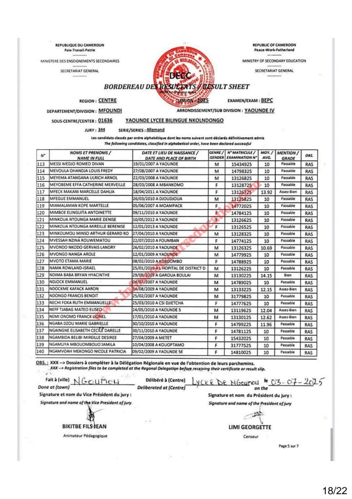 Résultat BEPC 2025 région du centre lycée bilingue de Nkolndongo 16 Résultat BEPC 2025 région du centre lycée bilingue de Nkolndongo
