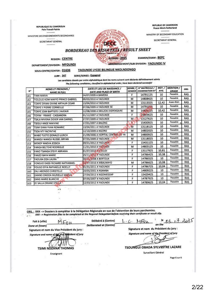 Résultat BEPC 2025 région du centre lycée bilingue de Nkolndongo 10 Résultat BEPC 2025 région du centre lycée bilingue de Nkolndongo