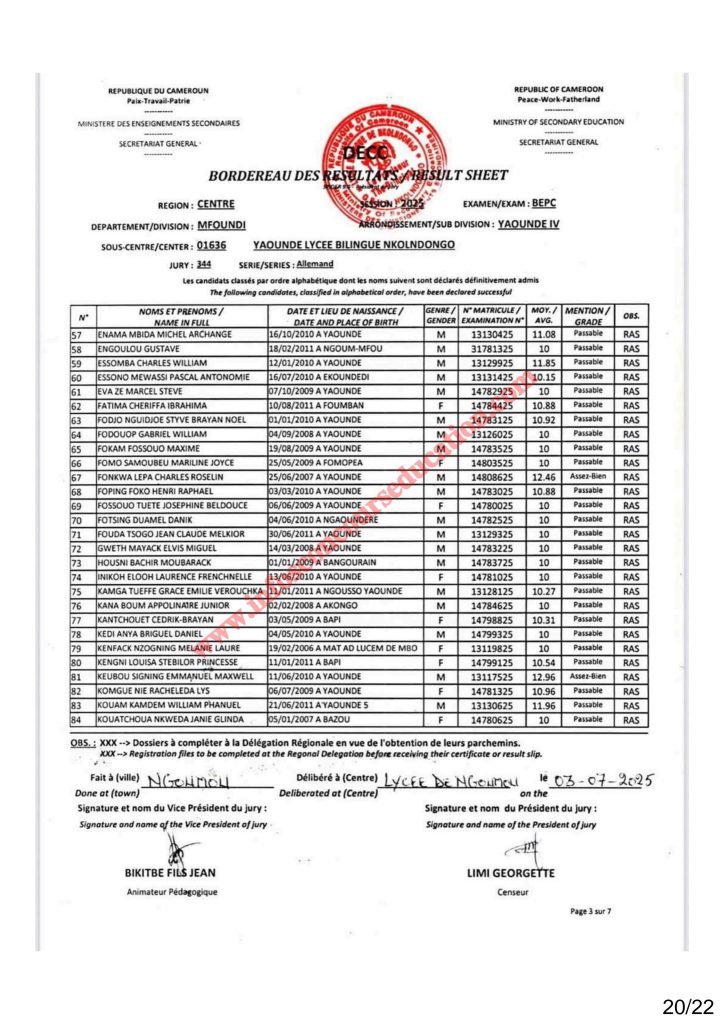 Résultat BEPC 2025 région du centre lycée bilingue de Nkolndongo 14 Résultat BEPC 2025 région du centre lycée bilingue de Nkolndongo