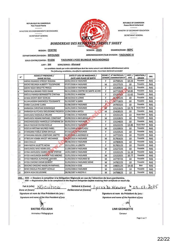 Résultat BEPC 2025 région du centre lycée bilingue de Nkolndongo 12 Résultat BEPC 2025 région du centre lycée bilingue de Nkolndongo