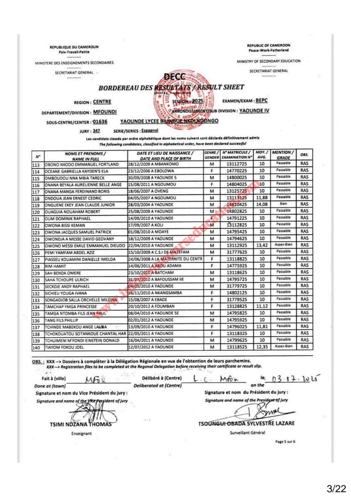 Résultat BEPC 2025 région du centre lycée bilingue de Nkolndongo 9 Résultat BEPC 2025 région du centre lycée bilingue de Nkolndongo