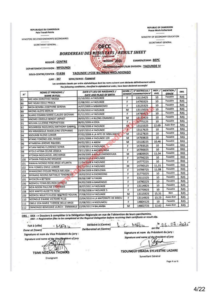 Résultat BEPC 2025 région du centre lycée bilingue de Nkolndongo 8 Résultat BEPC 2025 région du centre lycée bilingue de Nkolndongo