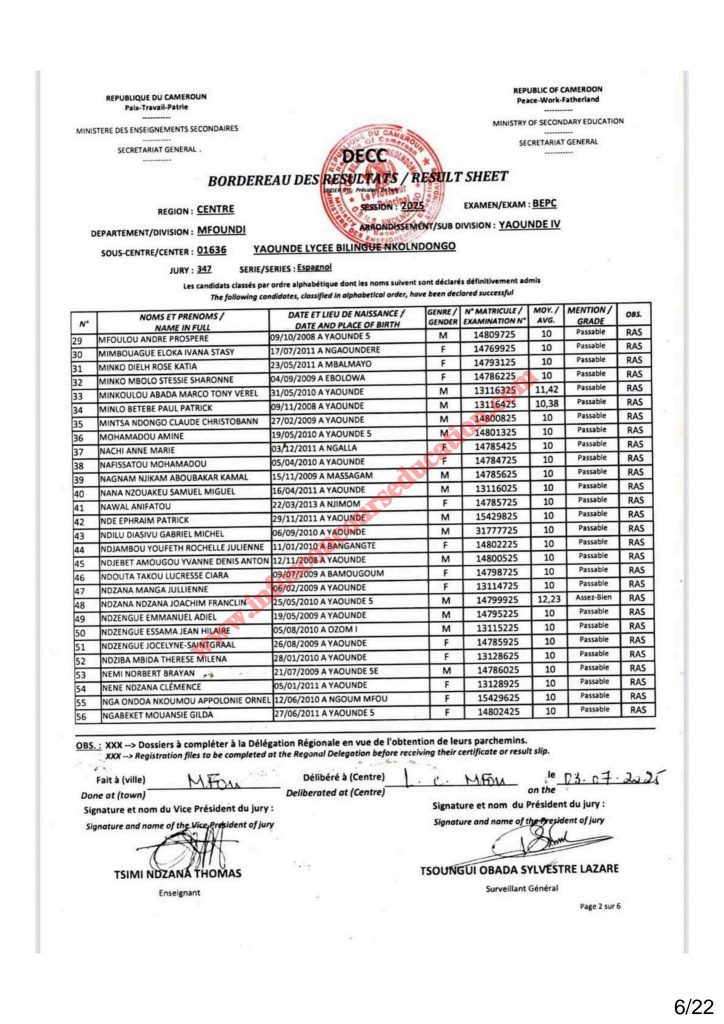 Résultat BEPC 2025 région du centre lycée bilingue de Nkolndongo 6 Résultat BEPC 2025 région du centre lycée bilingue de Nkolndongo