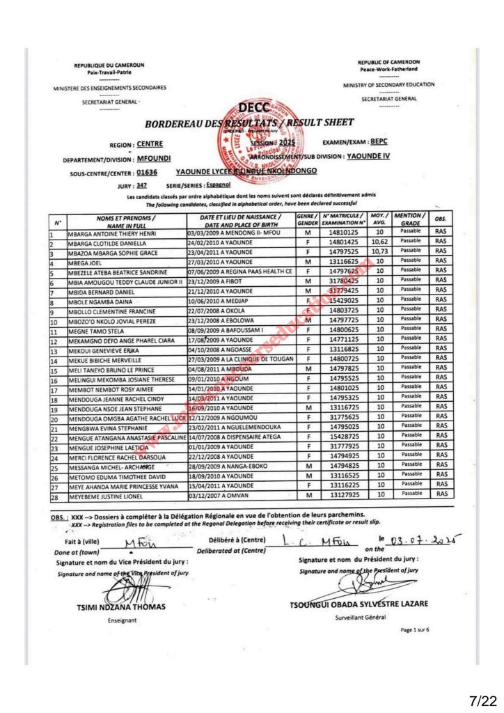 Résultat BEPC 2025 région du centre lycée bilingue de Nkolndongo 5 Résultat BEPC 2025 région du centre lycée bilingue de Nkolndongo