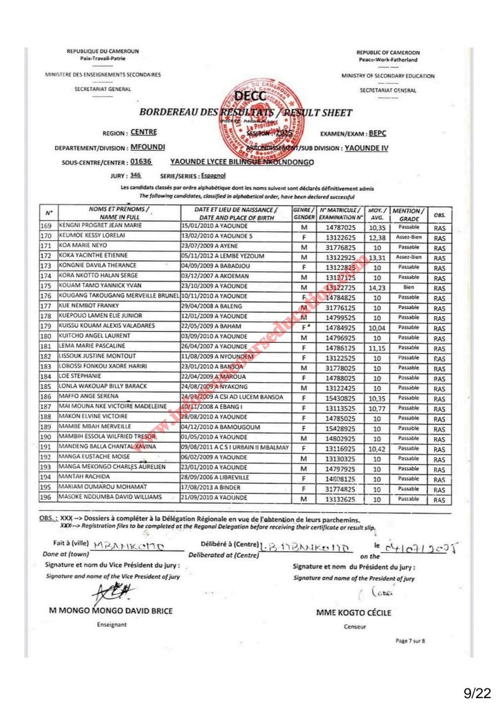 Résultat BEPC 2025 région du centre lycée bilingue de Nkolndongo 3 Résultat BEPC 2025 région du centre lycée bilingue de Nkolndongo