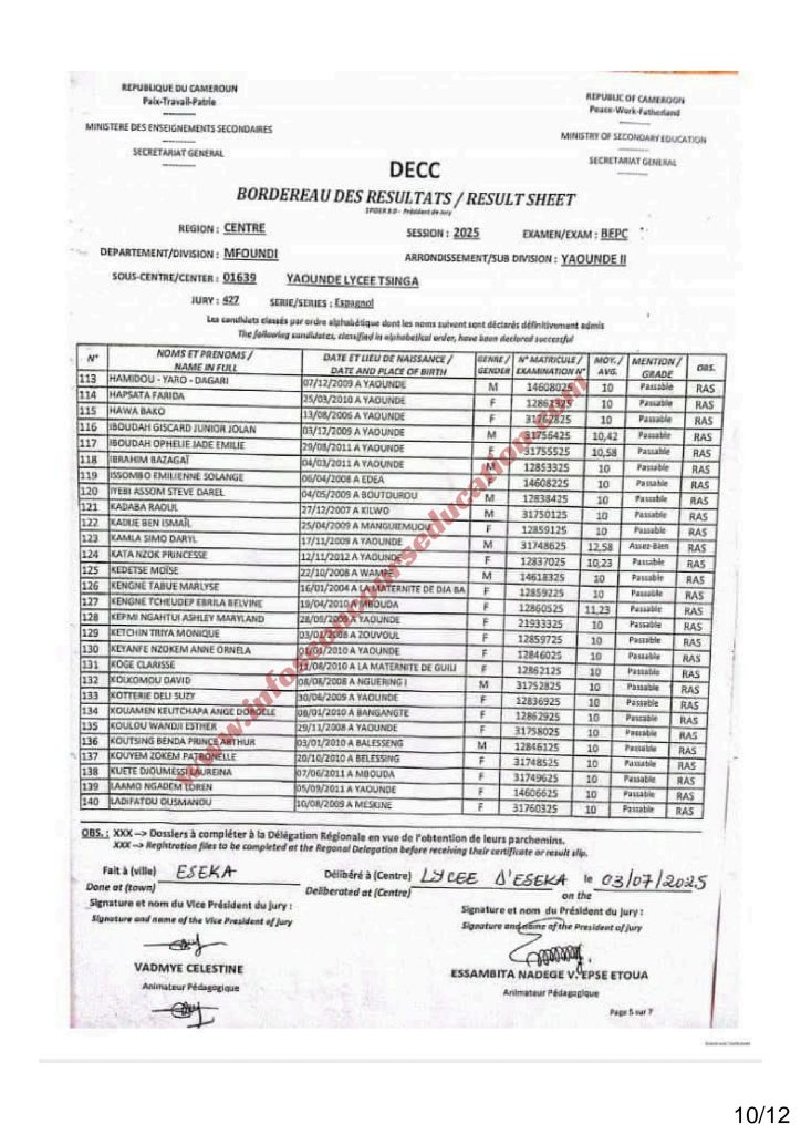 Résultat BEPC 2025 région du centre lycée de Tsinga 3 Résultat BEPC 2025 région du centre lycée de Tsinga