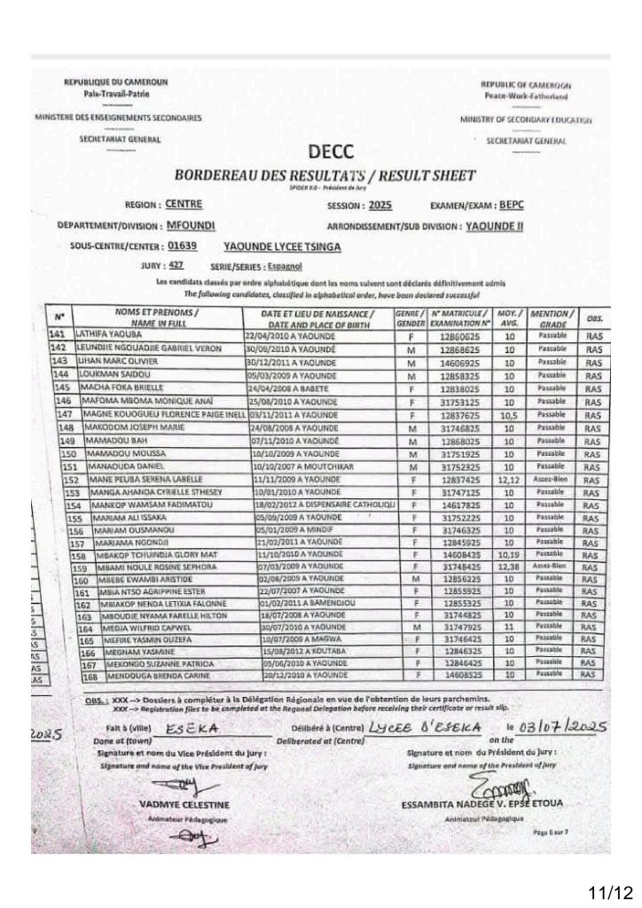 Résultat BEPC 2025 région du centre lycée de Tsinga 4 Résultat BEPC 2025 région du centre lycée de Tsinga
