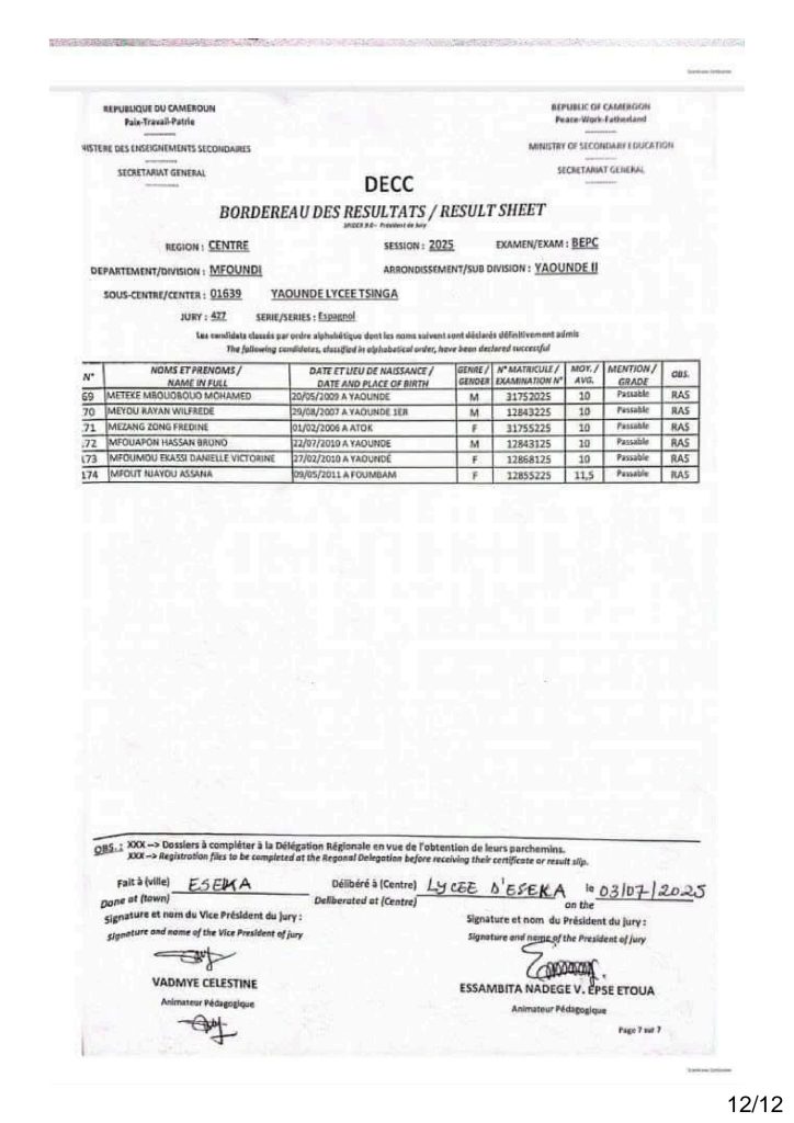Résultat BEPC 2025 région du centre lycée de Tsinga 5 Résultat BEPC 2025 région du centre lycée de Tsinga