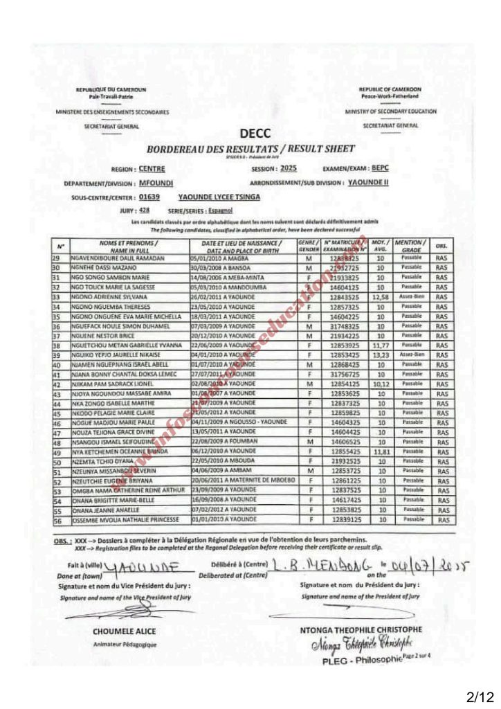 Résultat BEPC 2025 région du centre lycée de Tsinga 7 Résultat BEPC 2025 région du centre lycée de Tsinga
