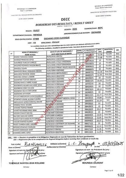 Résultats BEPC 2025 Sous-centre du Lycée Classique de Dschang 7 Résultats BEPC 2025 Sous-centre du Lycée Classique de Dschang