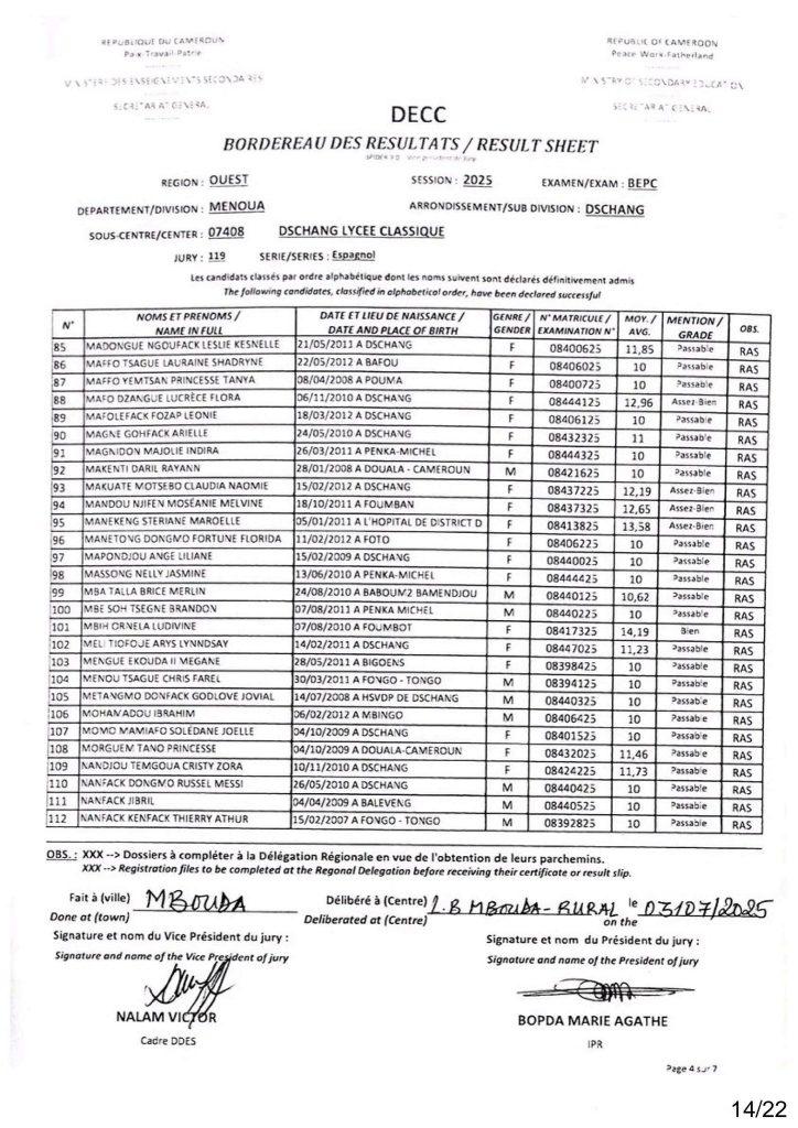 Résultats BEPC 2025 Sous-centre du Lycée Classique de Dschang 16 Résultats BEPC 2025 Sous-centre du Lycée Classique de Dschang