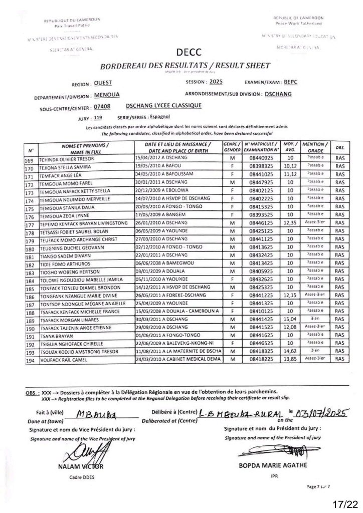 Résultats BEPC 2025 Sous-centre du Lycée Classique de Dschang 13 Résultats BEPC 2025 Sous-centre du Lycée Classique de Dschang