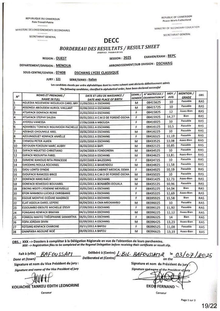 Résultats BEPC 2025 Sous-centre du Lycée Classique de Dschang 11 Résultats BEPC 2025 Sous-centre du Lycée Classique de Dschang