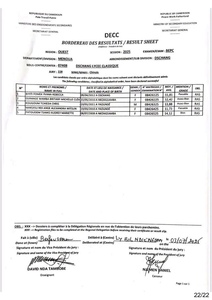 Résultats BEPC 2025 Sous-centre du Lycée Classique de Dschang 8 Résultats BEPC 2025 Sous-centre du Lycée Classique de Dschang