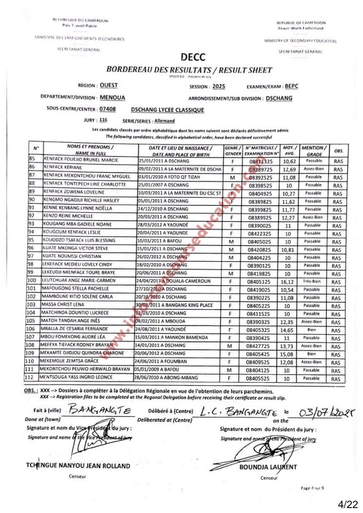 Résultats BEPC 2025 Sous-centre du Lycée Classique de Dschang 3 Résultats BEPC 2025 Sous-centre du Lycée Classique de Dschang