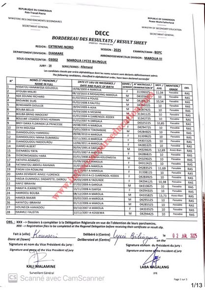 Résultats BEPC 2025 Sous-centre lycée bilingue de Maroua 11 Résultats BEPC 2025 Sous-centre lycée bilingue de Maroua