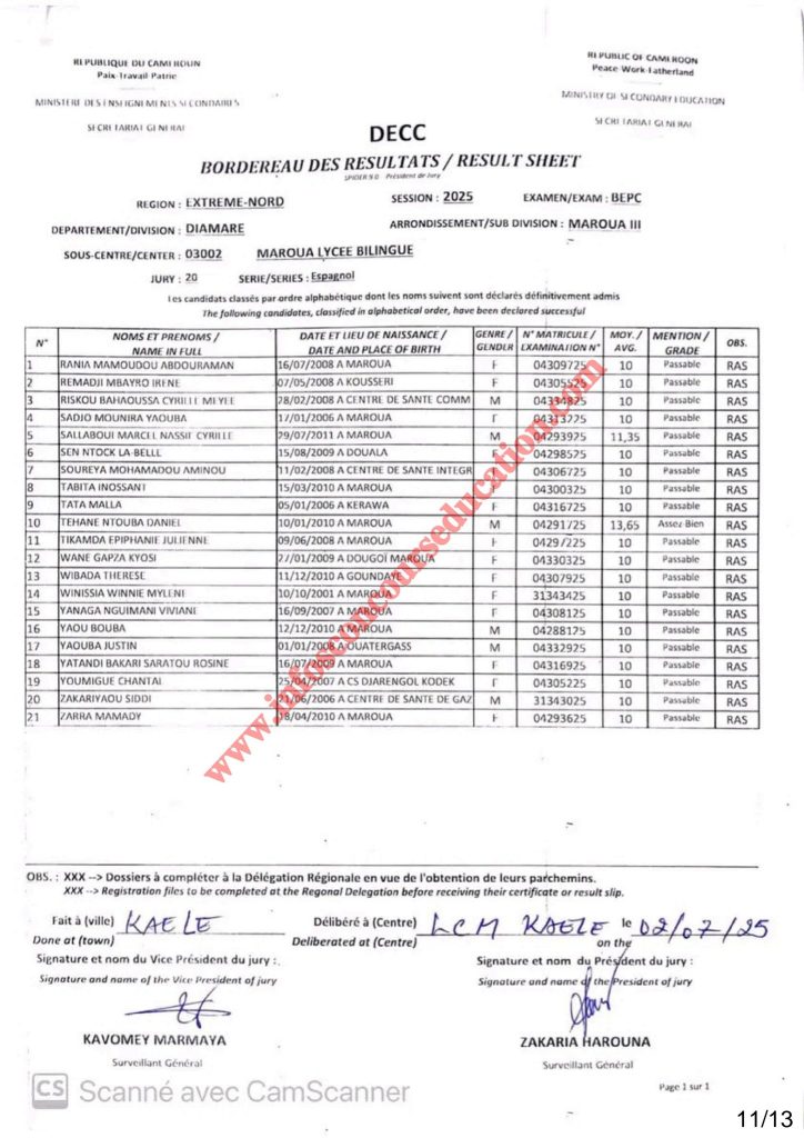 Résultats BEPC 2025 Sous-centre lycée bilingue de Maroua 14 Résultats BEPC 2025 Sous-centre lycée bilingue de Maroua