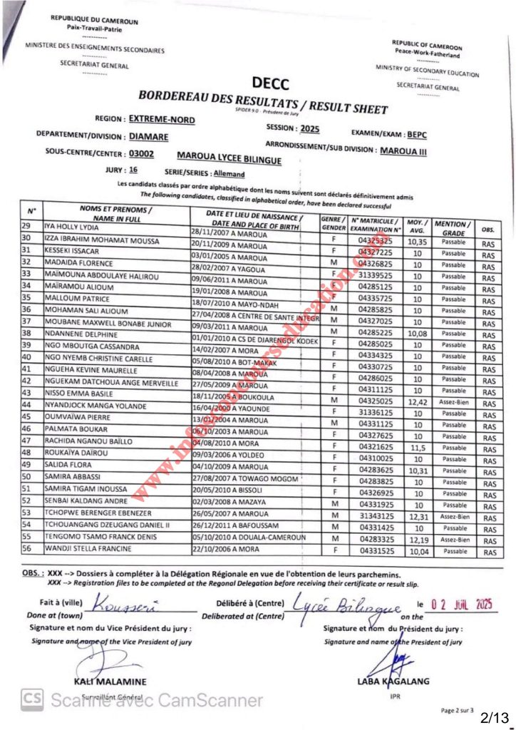 Résultats BEPC 2025 Sous-centre lycée bilingue de Maroua 10 Résultats BEPC 2025 Sous-centre lycée bilingue de Maroua
