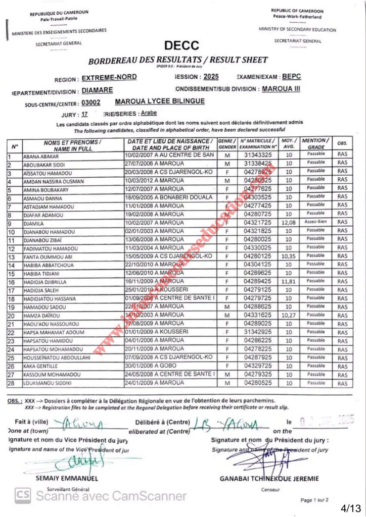 Résultats BEPC 2025 Sous-centre lycée bilingue de Maroua 9 Résultats BEPC 2025 Sous-centre lycée bilingue de Maroua