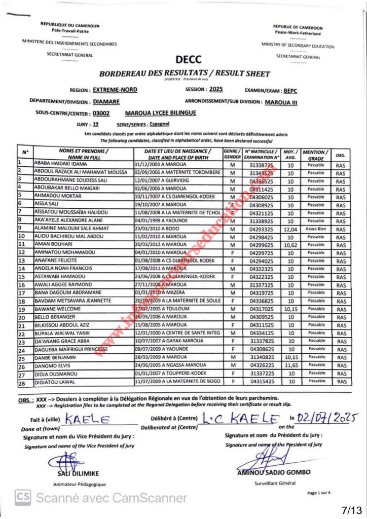 Résultats BEPC 2025 Sous-centre lycée bilingue de Maroua 5 Résultats BEPC 2025 Sous-centre lycée bilingue de Maroua