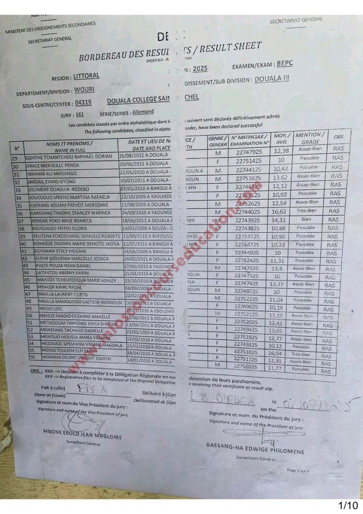 Résultats BEPC 2025 littoral Collège Saint Michel 6 Résultats BEPC 2025 littoral Collège Saint Michel