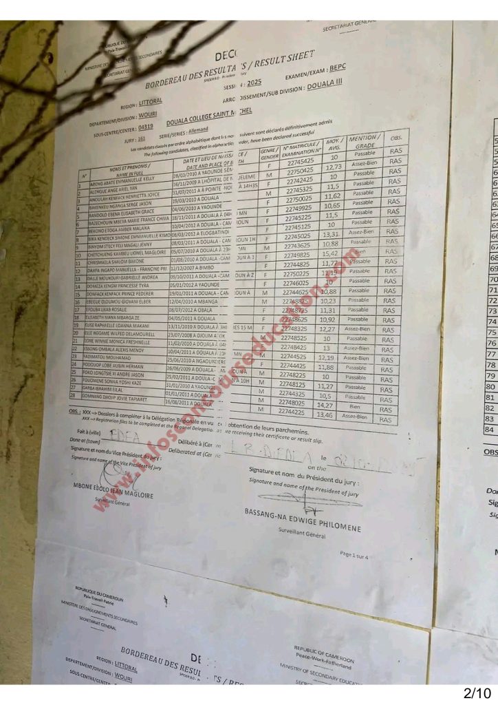Résultats BEPC 2025 littoral Collège Saint Michel 5 Résultats BEPC 2025 littoral Collège Saint Michel