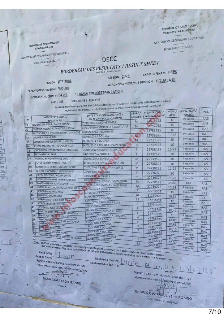 Résultats BEPC 2025 littoral Collège Saint Michel 9 Résultats BEPC 2025 littoral Collège Saint Michel