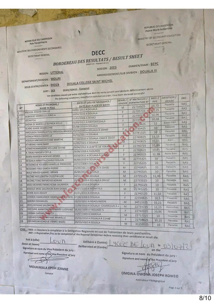 Résultats BEPC 2025 littoral Collège Saint Michel 8 Résultats BEPC 2025 littoral Collège Saint Michel