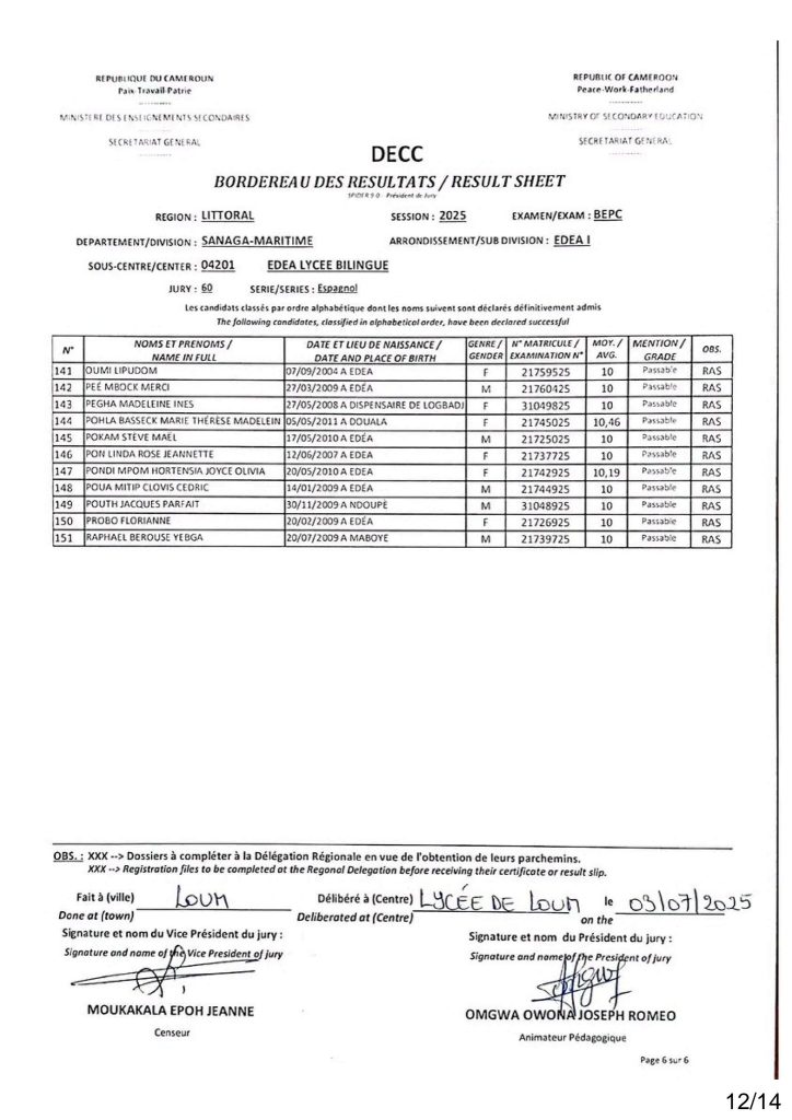 Résultats BEPC 2025 littoral lycée bilingue Edea 11 Résultats BEPC 2025 littoral lycée bilingue Edea