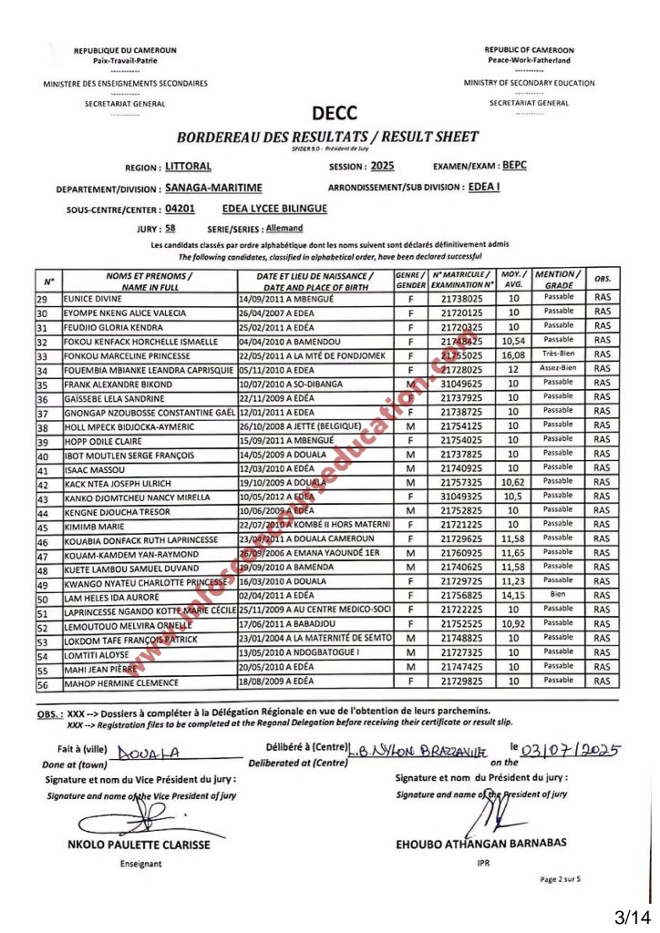 Résultats BEPC 2025 littoral lycée bilingue Edea 7 Résultats BEPC 2025 littoral lycée bilingue Edea