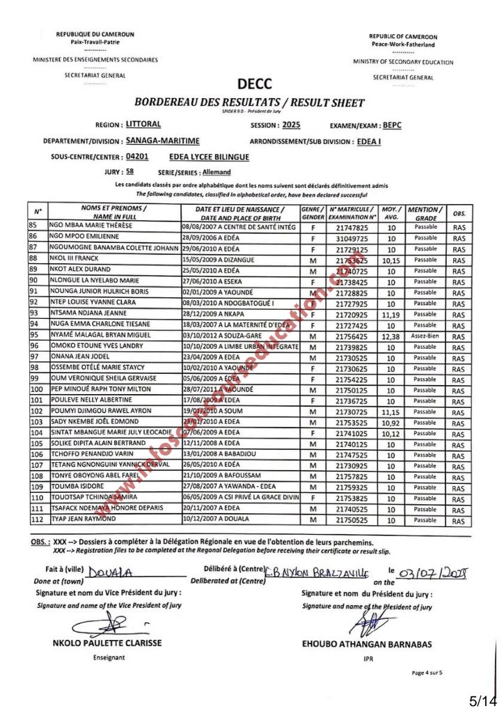 Résultats BEPC 2025 littoral lycée bilingue Edea 5 Résultats BEPC 2025 littoral lycée bilingue Edea