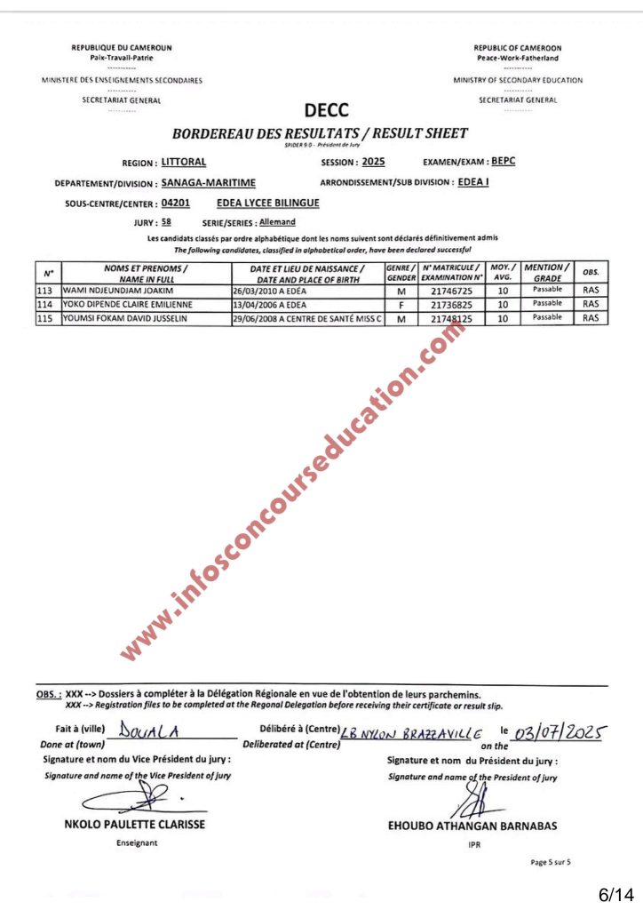 Résultats BEPC 2025 littoral lycée bilingue Edea 4 Résultats BEPC 2025 littoral lycée bilingue Edea