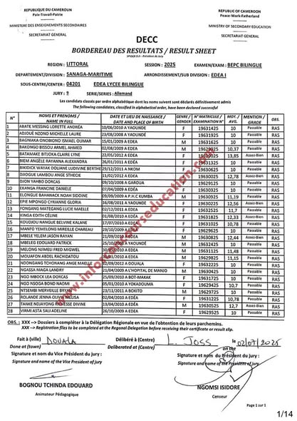 Résultats BEPC 2025 littoral lycée bilingue Edea 9 Résultats BEPC 2025 littoral lycée bilingue Edea
