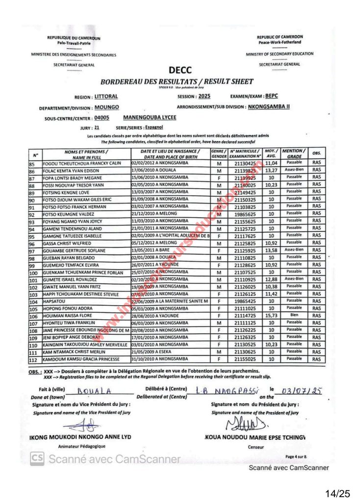 Résultats BEPC 2025 littoral lycée de Manengouba. 25 Résultats BEPC 2025 littoral lycée de Manengouba.