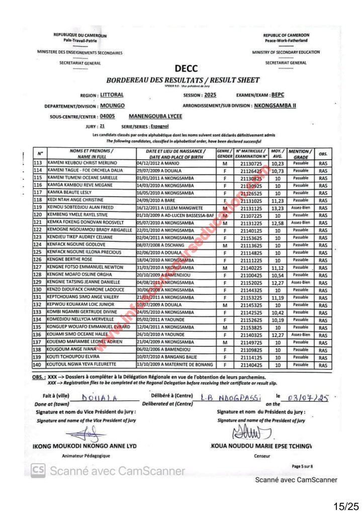Résultats BEPC 2025 littoral lycée de Manengouba. 24 Résultats BEPC 2025 littoral lycée de Manengouba.