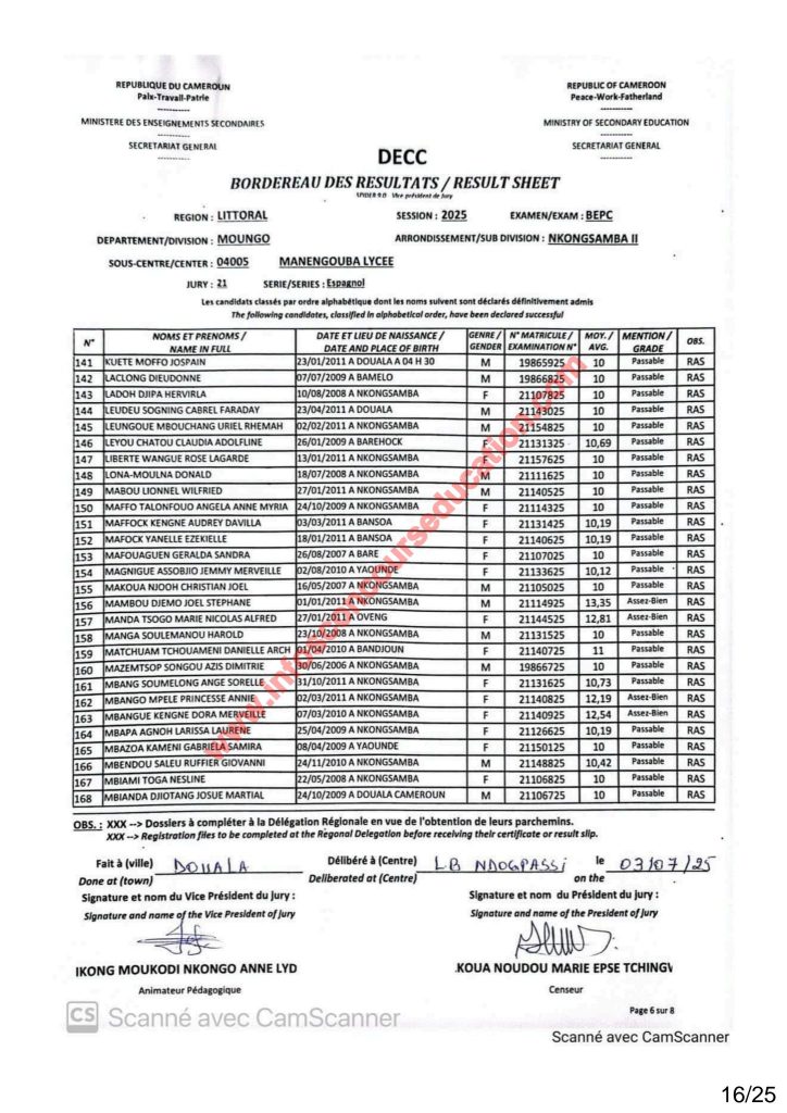 Résultats BEPC 2025 littoral lycée de Manengouba. 23 Résultats BEPC 2025 littoral lycée de Manengouba.