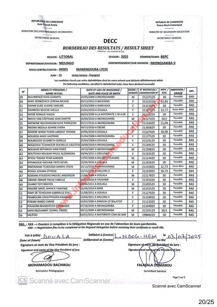 Résultats BEPC 2025 littoral lycée de Manengouba. 19 Résultats BEPC 2025 littoral lycée de Manengouba.