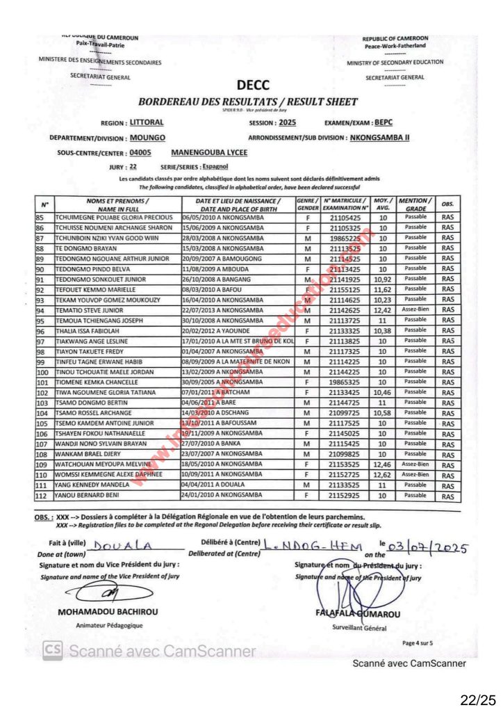 Résultats BEPC 2025 littoral lycée de Manengouba. 17 Résultats BEPC 2025 littoral lycée de Manengouba.