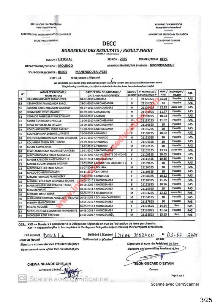 Résultats BEPC 2025 littoral lycée de Manengouba. 11 Résultats BEPC 2025 littoral lycée de Manengouba.