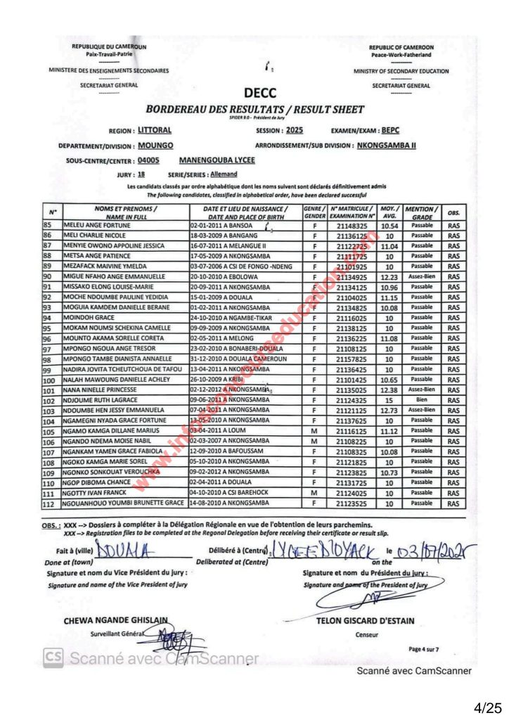 Résultats BEPC 2025 littoral lycée de Manengouba. 10 Résultats BEPC 2025 littoral lycée de Manengouba.