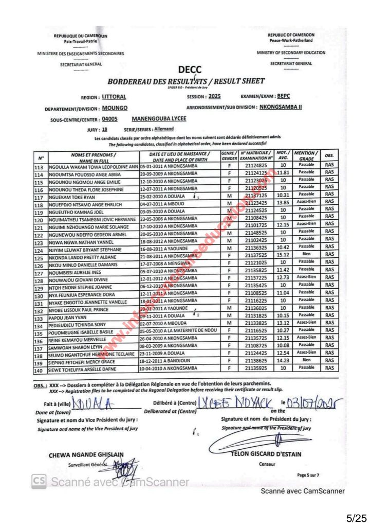 Résultats BEPC 2025 littoral lycée de Manengouba. 9 Résultats BEPC 2025 littoral lycée de Manengouba.