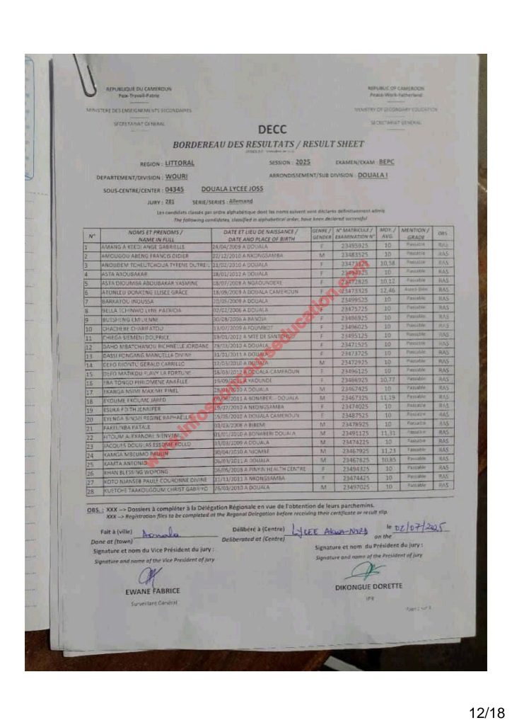 Résultats BEPC 2025 littoral lycée joss 18 Résultats BEPC 2025 littoral lycée joss