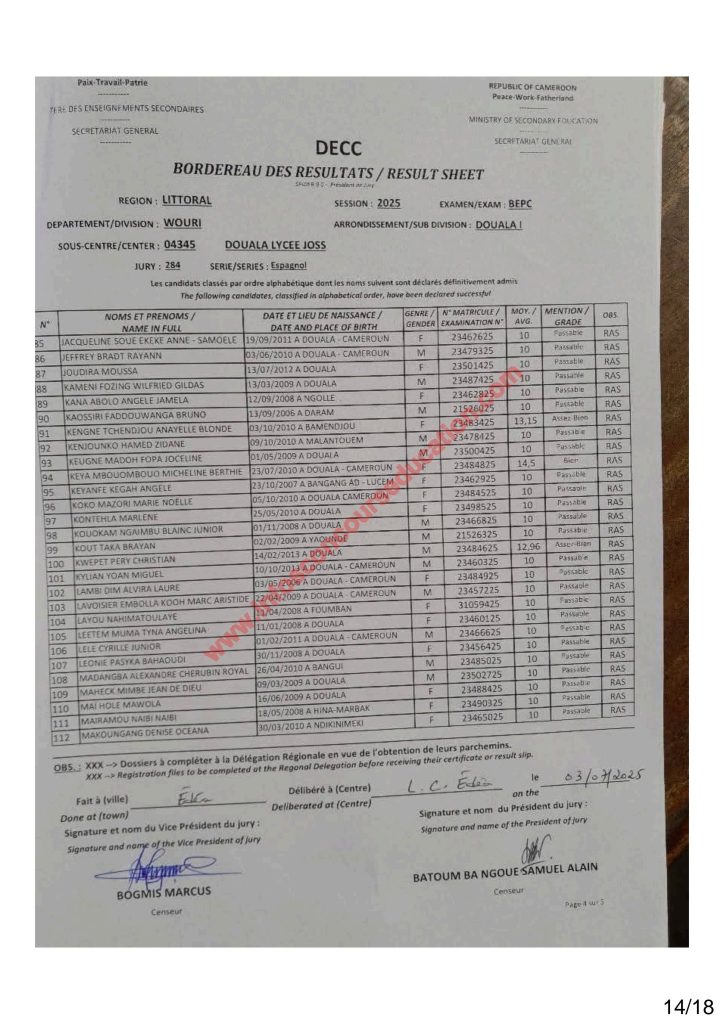 Résultats BEPC 2025 littoral lycée joss 16 Résultats BEPC 2025 littoral lycée joss