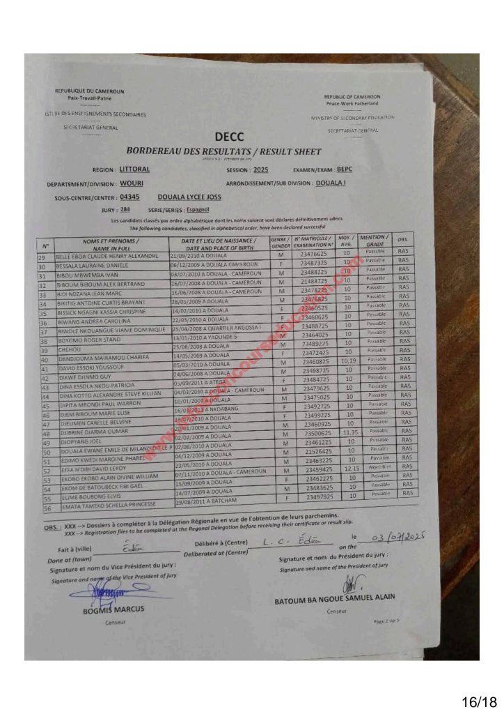 Résultats BEPC 2025 littoral lycée joss 14 Résultats BEPC 2025 littoral lycée joss