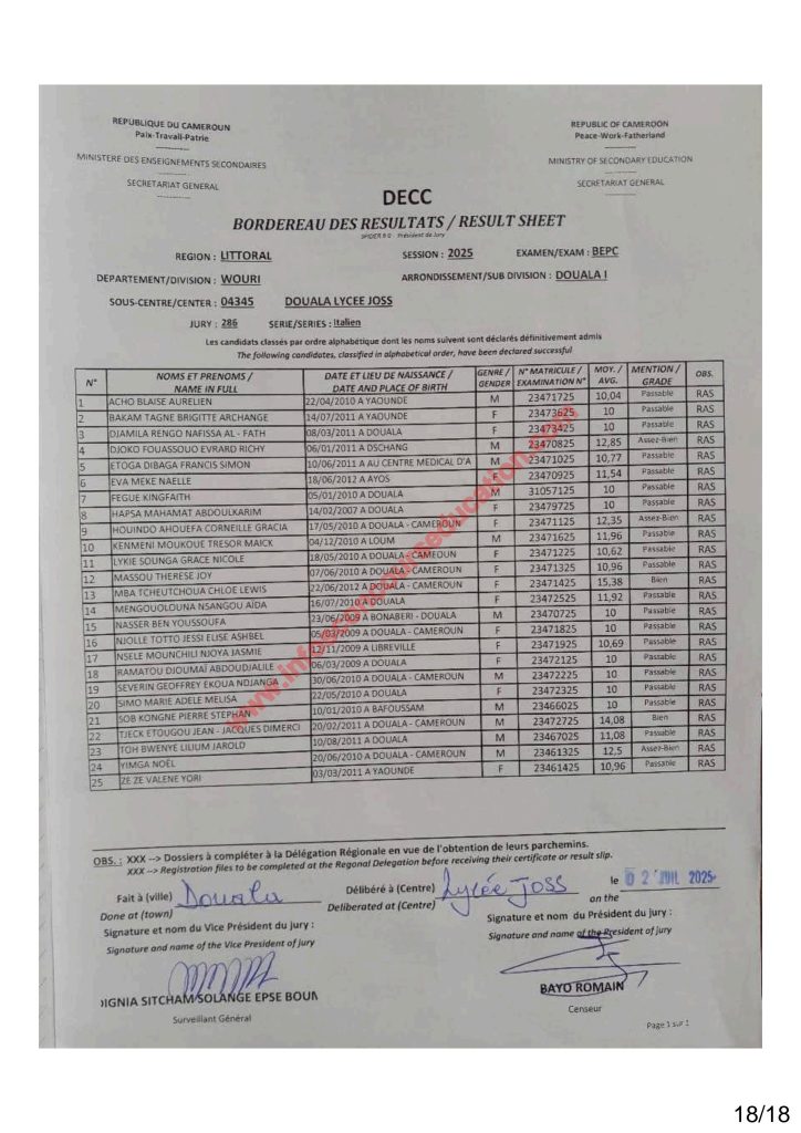 Résultats BEPC 2025 littoral lycée joss 12 Résultats BEPC 2025 littoral lycée joss